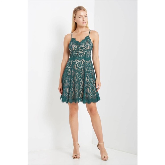 Dresses & Skirts - Hunter Green Lace Overlay Fit & Flare Dress